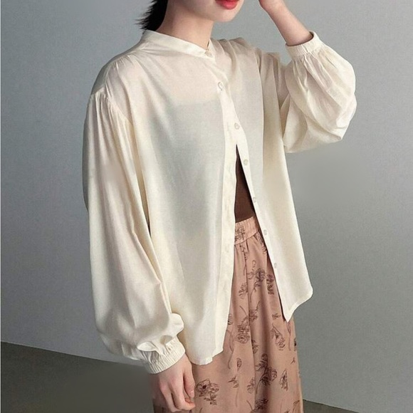 Cream ivory drop shoulder puff sleeve long sleeve button front shirt - Picture 2 of 2
